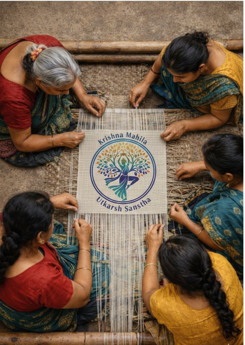 Women weaving the Krishna Mahila Utkarsh Sanstha emblem on a handloom